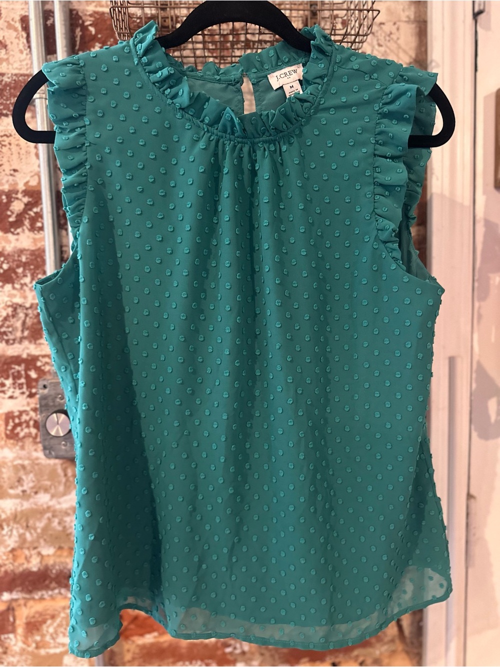 J. Crew Factory Teal Ruffled Swiss Dot Sleeveless Blouse